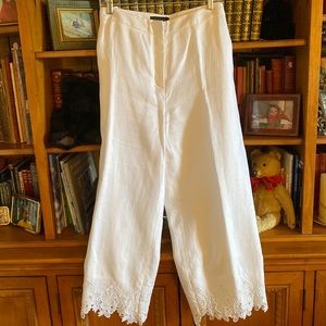 White linen pant with embroidered trim on legs